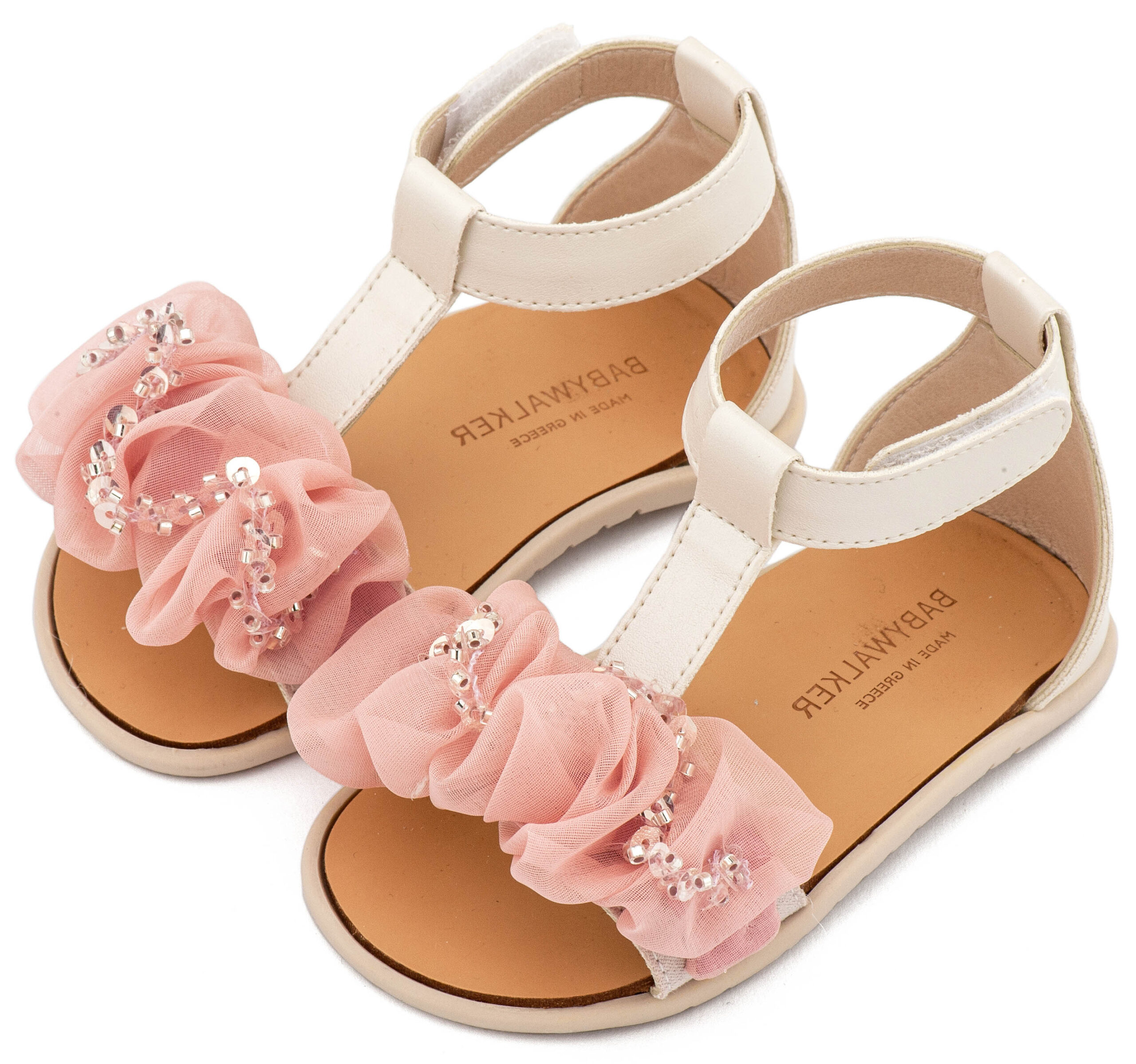 BS3601-IVORY-PINK-BABYWALKER Πέδιλο με Διακοσμητικό Οργάντζας